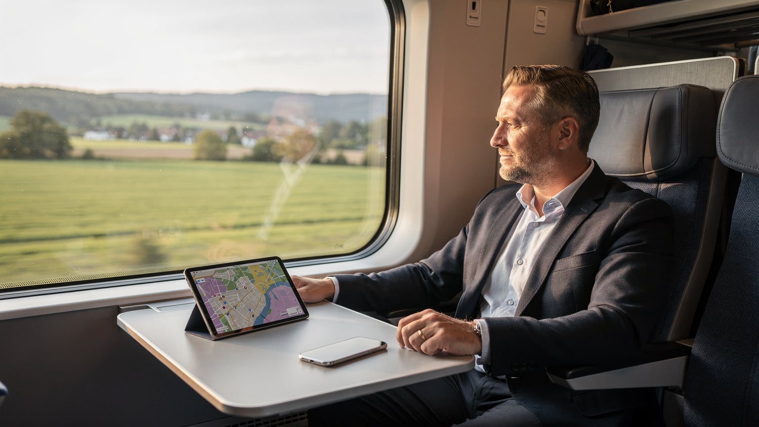 Ein Reisender sitzt entspannt im ICE, das Tablet auf dem Tisch, das Smartphone daneben, beide Geräte sind mit einer stabilen Verbindung online, während draußen die Landschaft vorbeizieht.