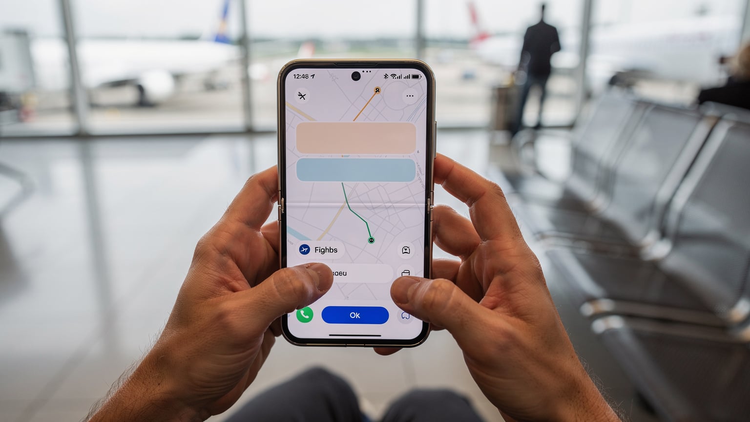 Zblízka záber na ruky držiace Samsung Galaxy Z Flip 8, ktorý ukazuje obrazovku s aplikáciou na rezerváciu leteniek. V pozadí je vidieť nejasné obrysy letiska.