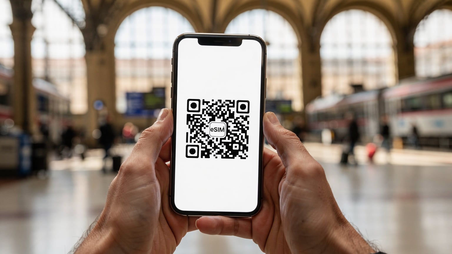 A traveler holding a smartphone with an eSIM QR code on its screen, about to scan it, with the blurred background of a bustling train station concourse in Florence, Italy, during daytime.