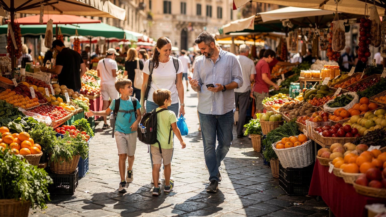 A family, including two children, walking through a vibrant Italian street market, examining fresh produce, while a parent holds a smartphone checking a digital map.