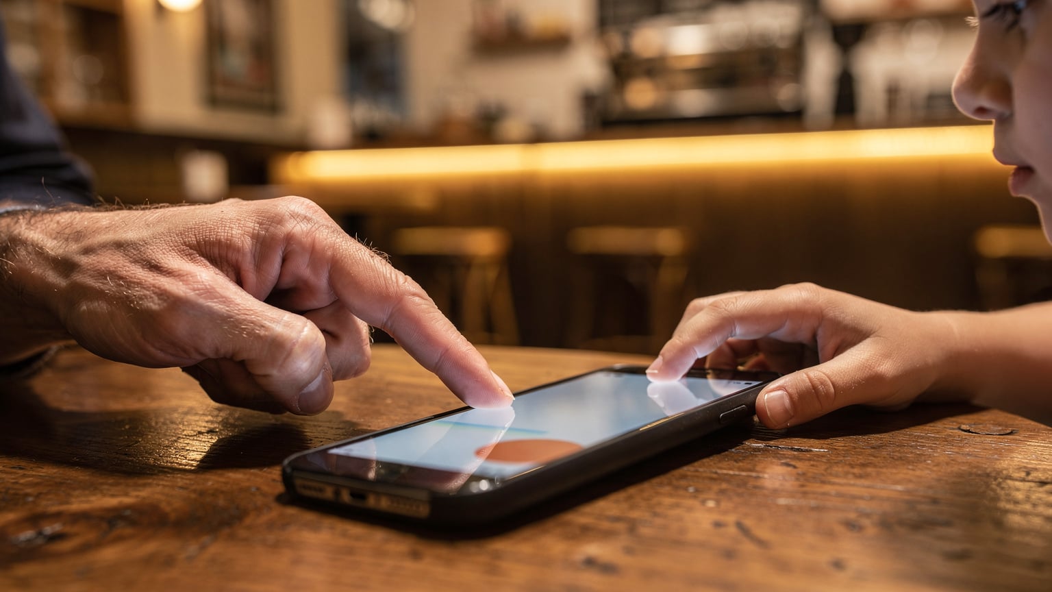 Close-up of a parent's hand gently guiding a child's finger on a smartphone screen, possibly adjusting settings or pointing out a map location, inside a cozy Italian café.