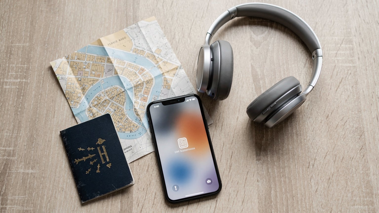 An overhead flat-lay composition of typical travel items for Italy: a passport, a smartphone displaying an eSIM app, a pair of noise-canceling headphones, and a crumpled small map of Venice, all on a light wooden table.