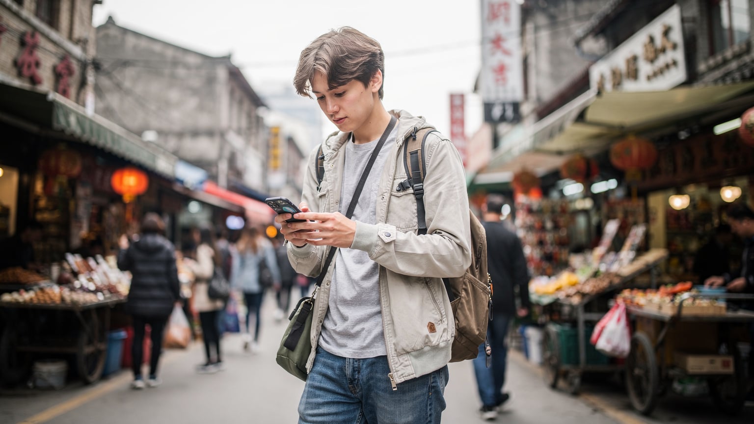 一位旅行者正在上海的街頭使用手機查看Google Maps,螢幕上顯示清晰的導航路線,周圍是繁忙的都市背景。