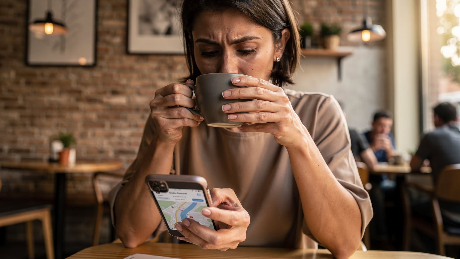 Žena si v kavárně v Soluni stahuje offline mapy na svůj telefon s eSIM.