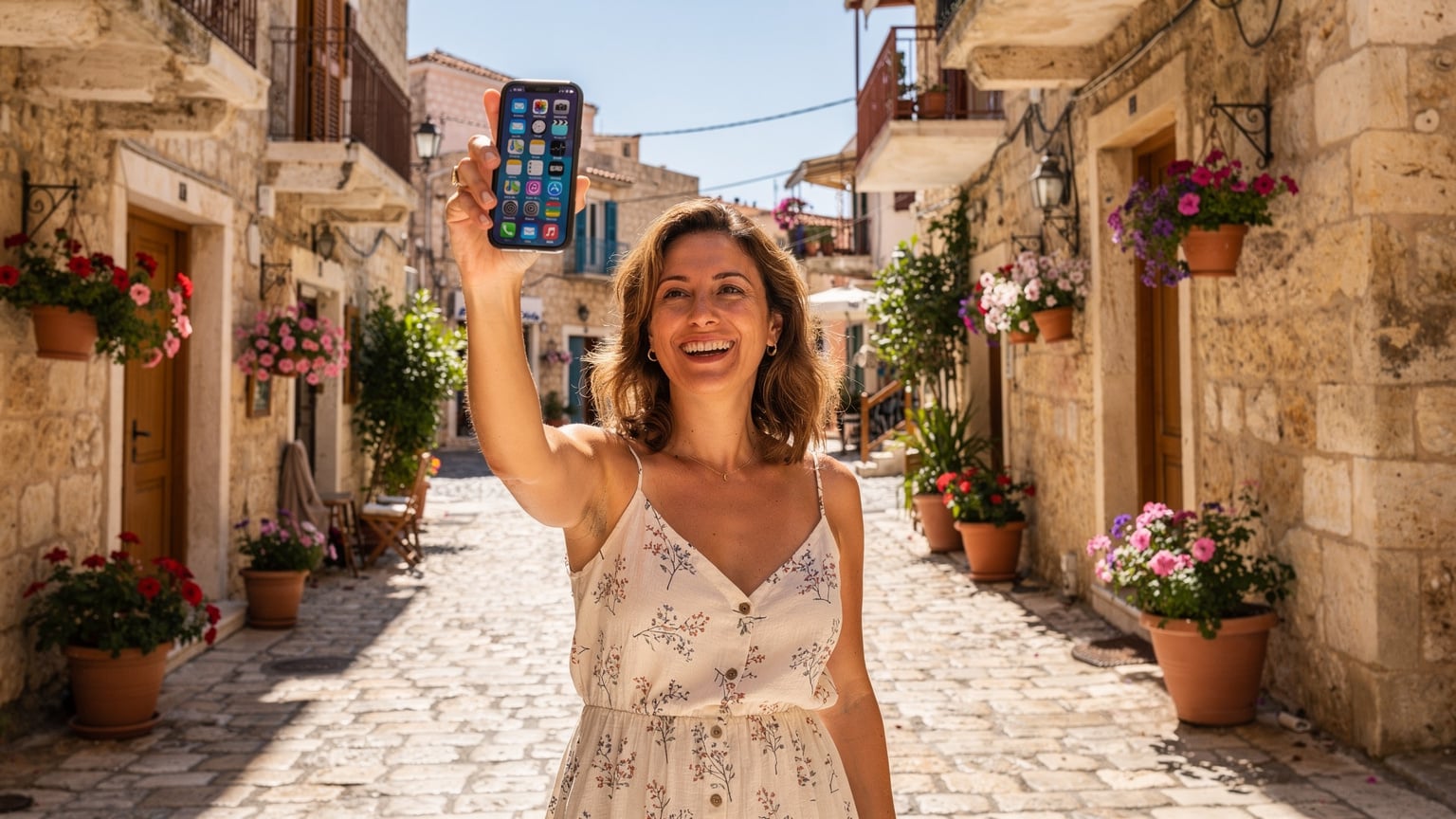 Žena se usmívá, když její telefon s eSIM zobrazuje plný signál v Rethymnu na Krétě.