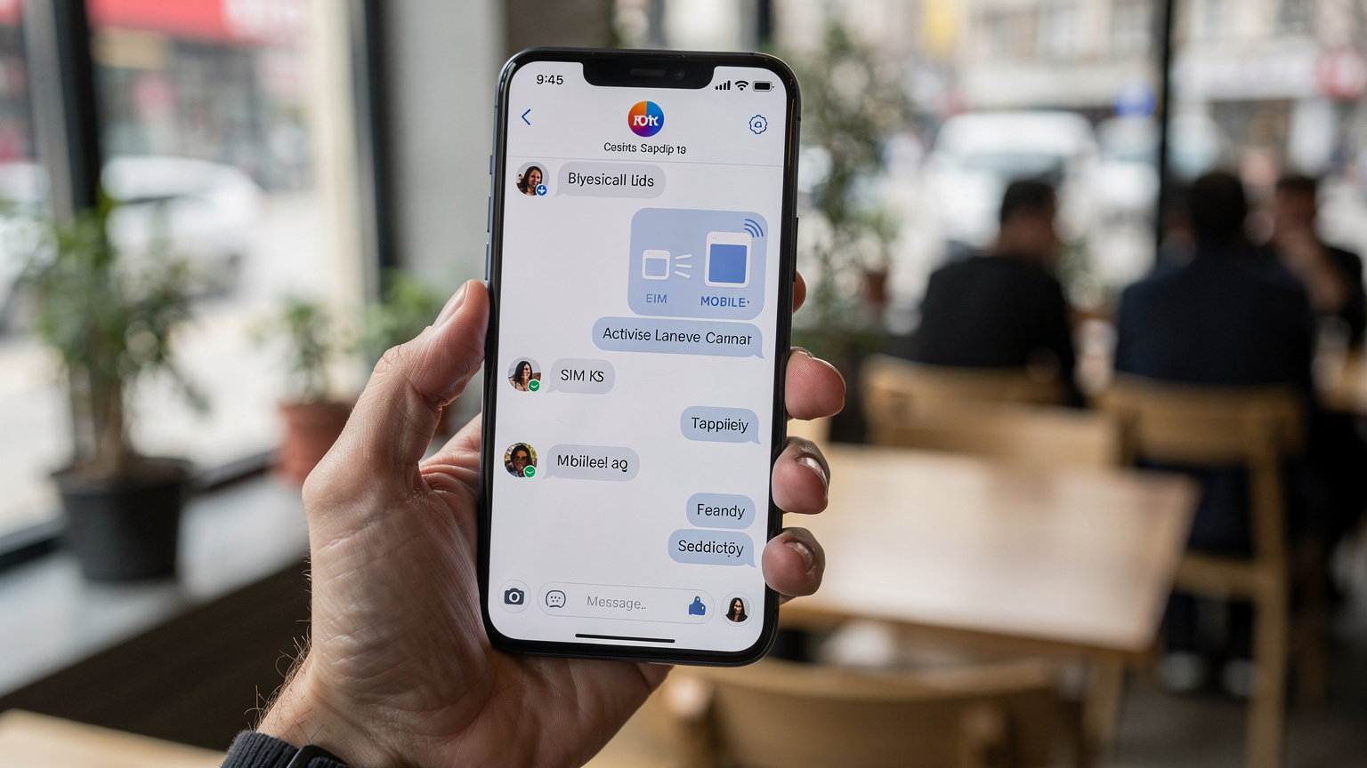 Bir akıllı telefonun ekranında WhatsApp açıkken, arka planda fiziksel SIM kart ve eSIM ayarları gösteriliyor.