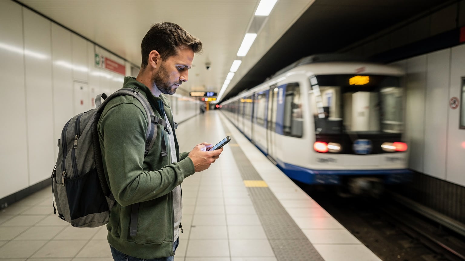 Ein Reisender steht an einem öffentlichen Nahverkehrsterminal in einer modernen europäischen Stadt, blickt auf sein Smartphone, das eine App für Fahrpläne und Tickets anzeigt, während im Hintergrund eine U-Bahn einfährt.