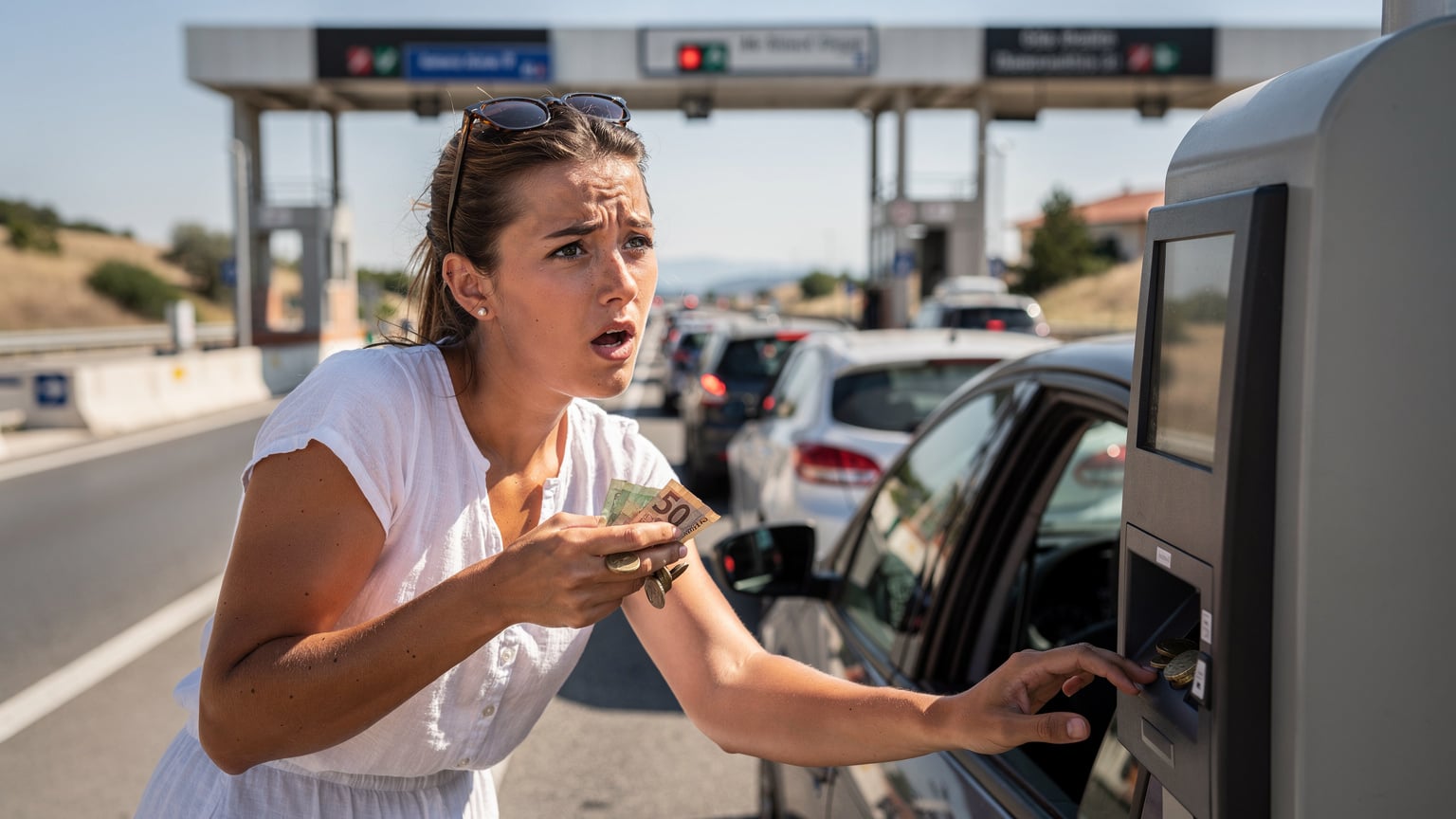 Eine junge Frau versucht, an einem Automaten an einer Mautstelle in Südeuropa mit Bargeld zu bezahlen, während sie verwirrt auf den Bildschirm schaut und der Verkehr sich hinter ihr staut.