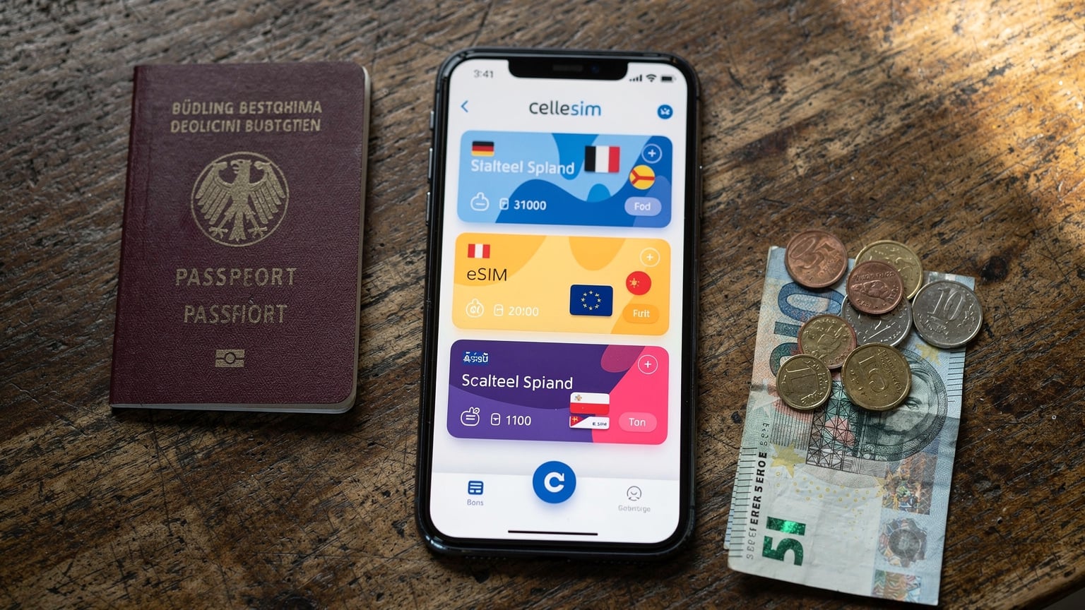 Eine Nahaufnahme eines Smartphones, das eine Cellesim-App mit aktiven eSIM-Tarifen für verschiedene Länder anzeigt, liegt neben einem Reisepass und einer lokalen Währung auf einem Holztisch.