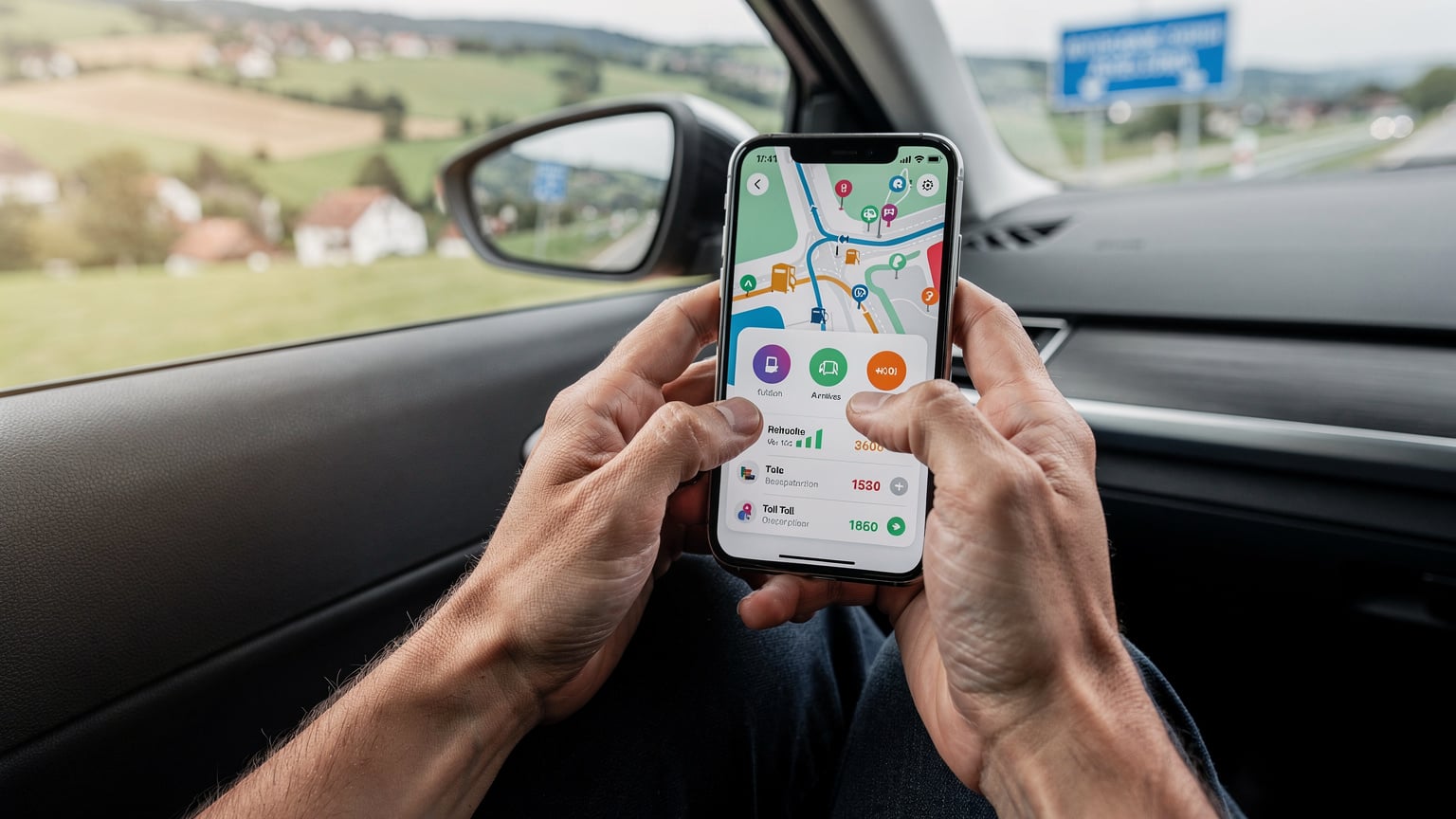 Nahaufnahme von Händen, die ein Smartphone halten, auf dem eine Routenplaner-App mit einer detaillierten Kostenübersicht für Sprit und Maut angezeigt wird, während im Hintergrund eine europäische Landschaft vorbeizieht.