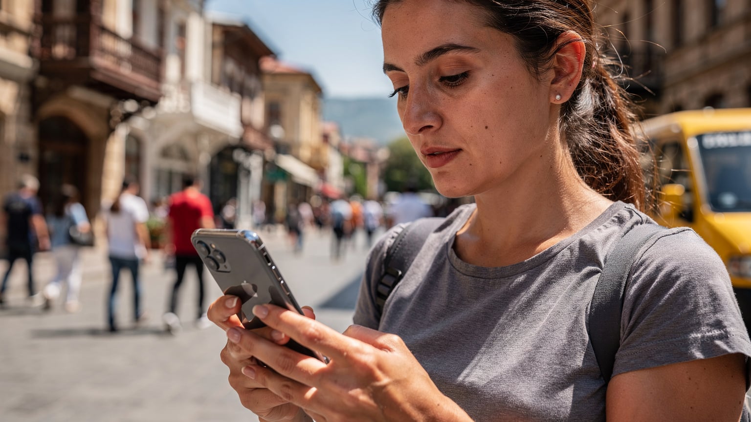 Ayça Demirkan, elindeki akıllı telefonunda Roamless uygulamasının veri kullanım istatistiklerini dikkatlice inceliyor, arka planda Tiflis'in hareketli bir sokağı görülüyor.
