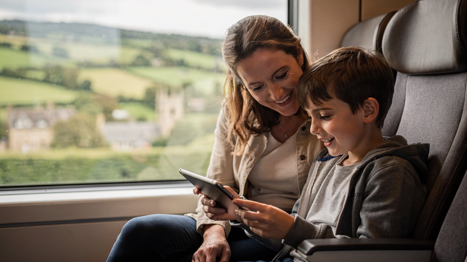 Una mamma sorride mentre il figlio le mostra qualcosa sul suo tablet, seduti comodamente su un treno ad alta velocità con il paesaggio della campagna britannica che scorre fuori dal finestrino.