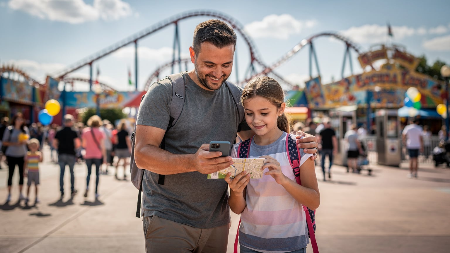 Un padre e una figlia sorridenti consultano una mappa digitale su uno smartphone mentre camminano in un vivace parco a tema con attrazioni e persone in sottofondo, in una giornata di sole.