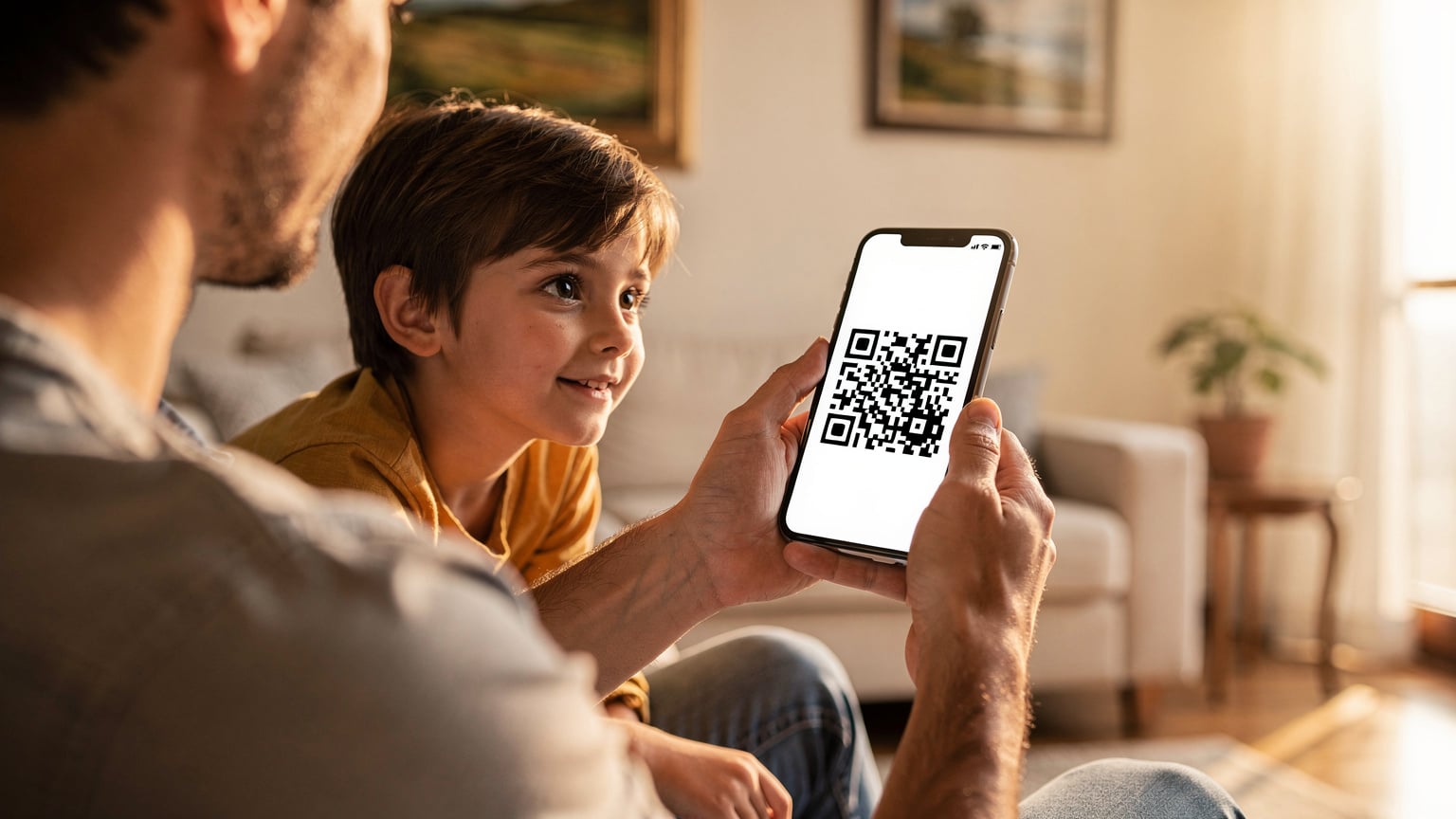 Un genitore tiene in mano uno smartphone con un codice QR sullo schermo, mentre un bambino curioso sbircia da dietro le sue spalle, in un ambiente domestico ben illuminato.