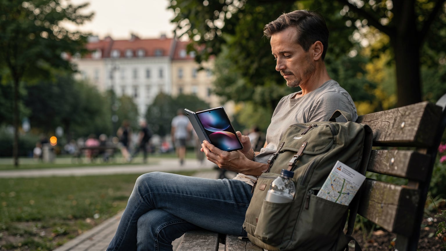 Zamyślony rodzic, siedzący na ławce w parku w Warszawie, przegląda dostępne pakiety eSIM na dużym, otwartym ekranie Samsunga Galaxy Z Fold 6, z plecakiem podróżnym leżącym obok.