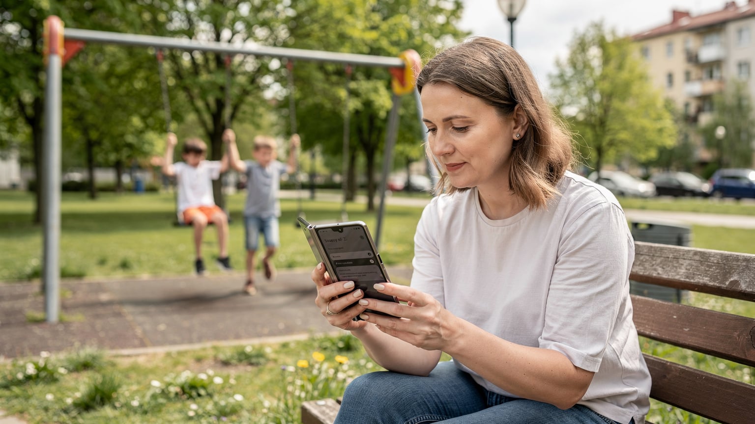 Matka siedzi na ławce w parku, sprawdzając ustawienia kontroli rodzicielskiej na swoim otwartym Samsung Galaxy Z Fold 6, podczas gdy jej dzieci (8 i 11 lat) bawią się w tle na placu zabaw.