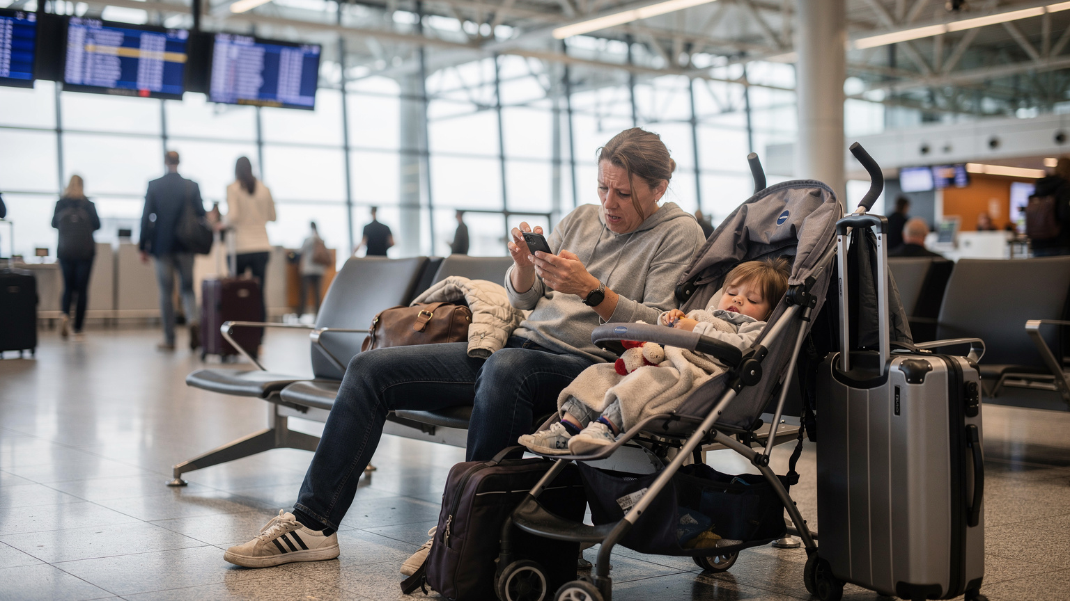 En trött förälder med ett oroligt uttryck tittar på sin smartphone i en flygplatsterminal, en barnvagn med ett sovande barn och resväskor står bredvid.