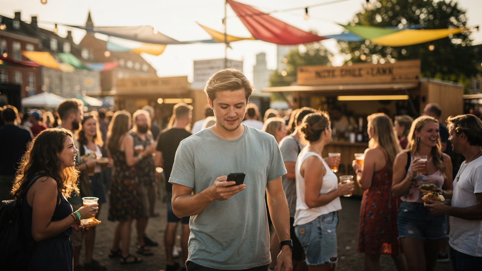 En ung vuxen person navigerar med sin smartphone i en tät folkmassa på en musikfestival, med glada ansikten och festivalbanderoller i bakgrunden.