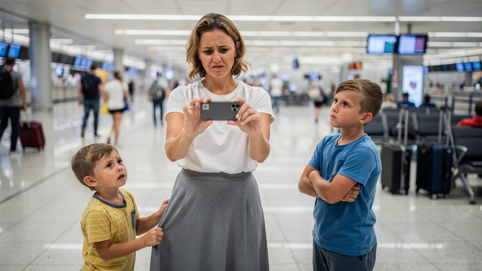 Майка с две деца се опитва да сканира QR код за eSIM на летището, но е разсеяна от едното дете, което дърпа полата ѝ, докато другото гледа встрани.