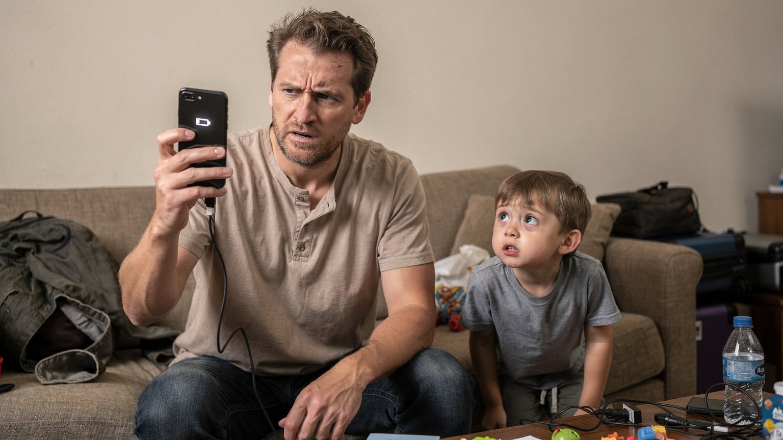 Un padre con expresión de frustración sostiene su teléfono con la batería baja y un cable de carga USB desconectado, mientras su hijo pequeño lo mira con impaciencia, pidiendo atención o acceso a su dispositivo.