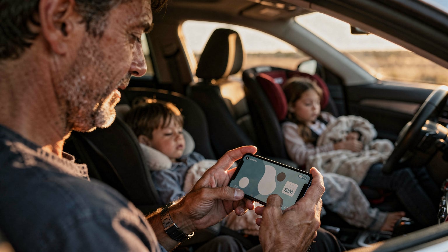Un padre, ligeramente agotado pero aliviado, revisa su smartphone con la pantalla de activación de una eSIM, mientras sus dos hijos duermen plácidamente en los asientos traseros de un coche de alquiler, con la luz dorada del amanecer asomando por la ventanilla.