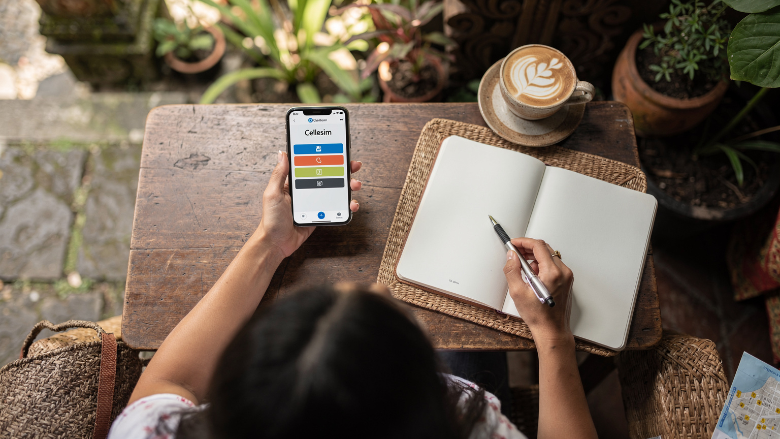 बाली के उबुद में एक कैफे में, एक युवा भारतीय यात्री अपने iPhone पर Cellesim ऐप का उपयोग करके एक eSIM प्लान चुन रहा है, उसके सामने एक कप कॉफी और एक नोटबुक है।