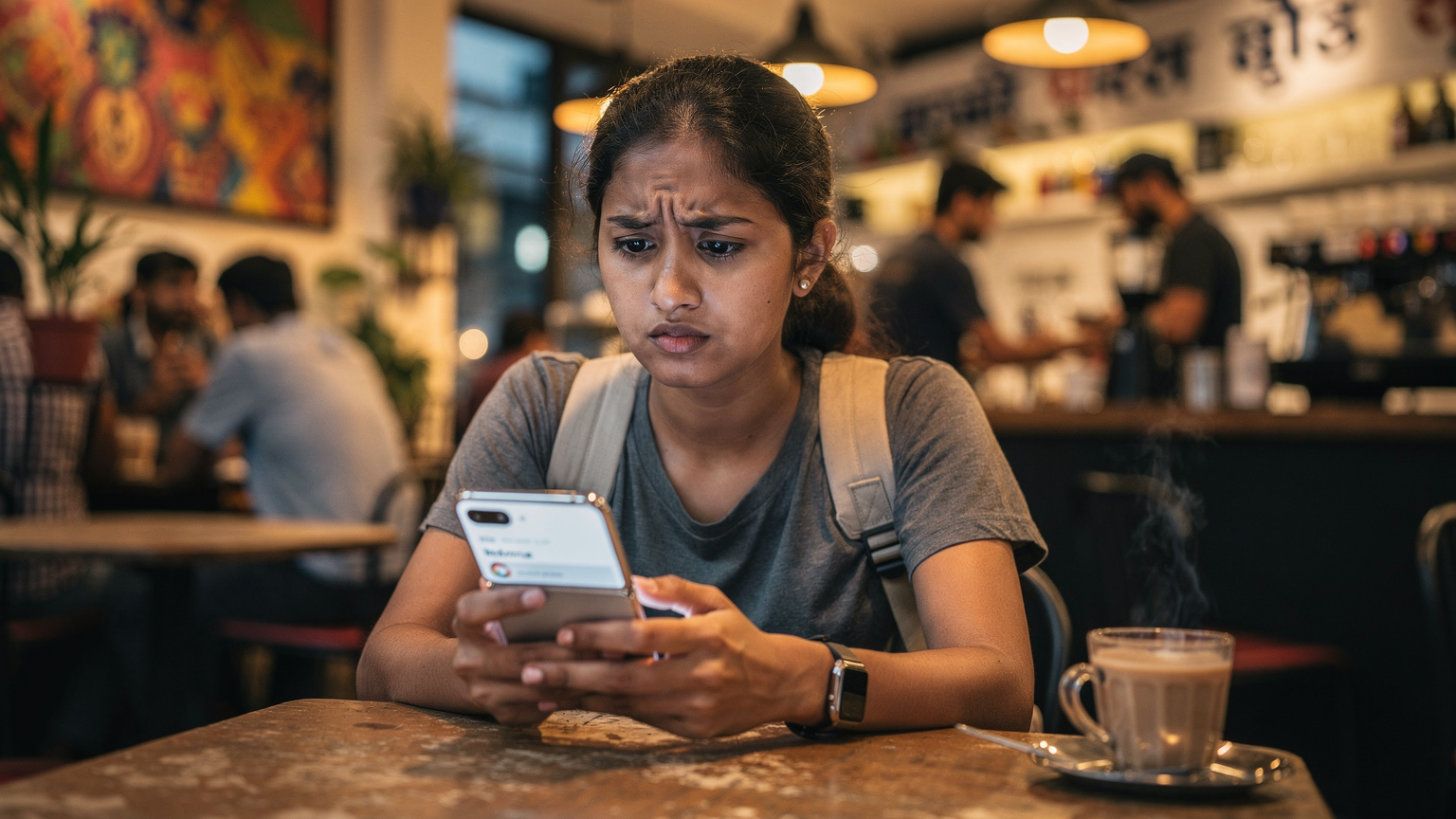 O tânără călătoare încearcă să încarce o aplicație bancară indiană pe un Samsung Galaxy Z Flip 8, afișând un mesaj de eroare legat de numărul de telefon, într-o cafenea aglomerată din Bangalore, India. Expresia ei este de ușoară frustrare, iar lumina interioară este caldă, cu nuanțe de tungsten. Se vede o ceașcă de chai alături.