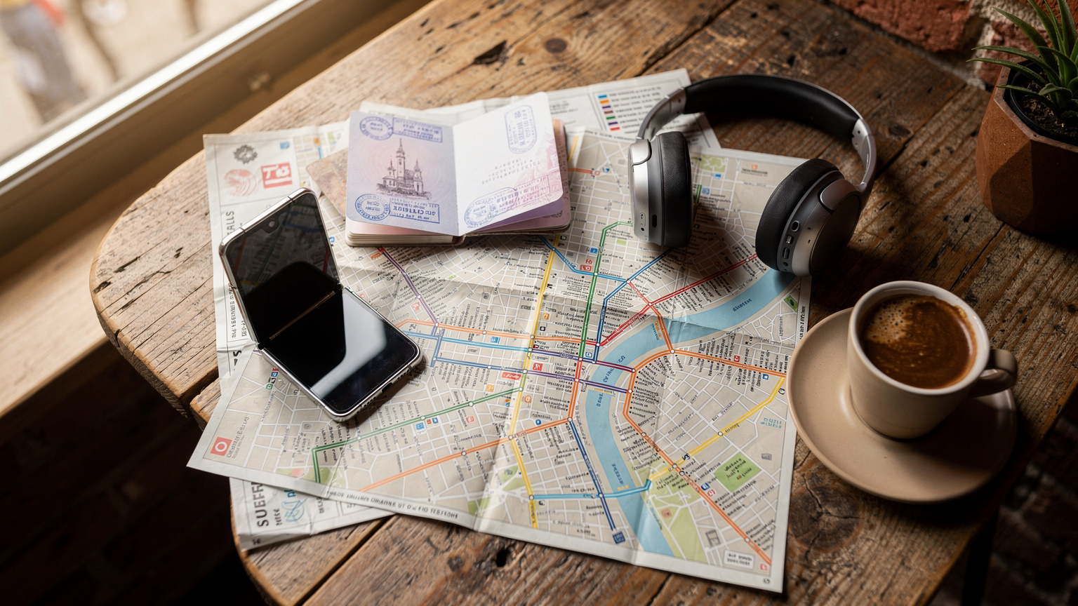 O ilustrație editorială, tip flat-lay, care arată un Samsung Galaxy Z Flip 8 pliat, un pașaport deschis, o pereche de căști wireless și o hartă fizică a unei rute de autobuz din Belgrad, așezate pe o masă de lemn într-o cafenea vibrantă din cartierul Dorćol. Lumina naturală de după-amiază intră pe fereastră.