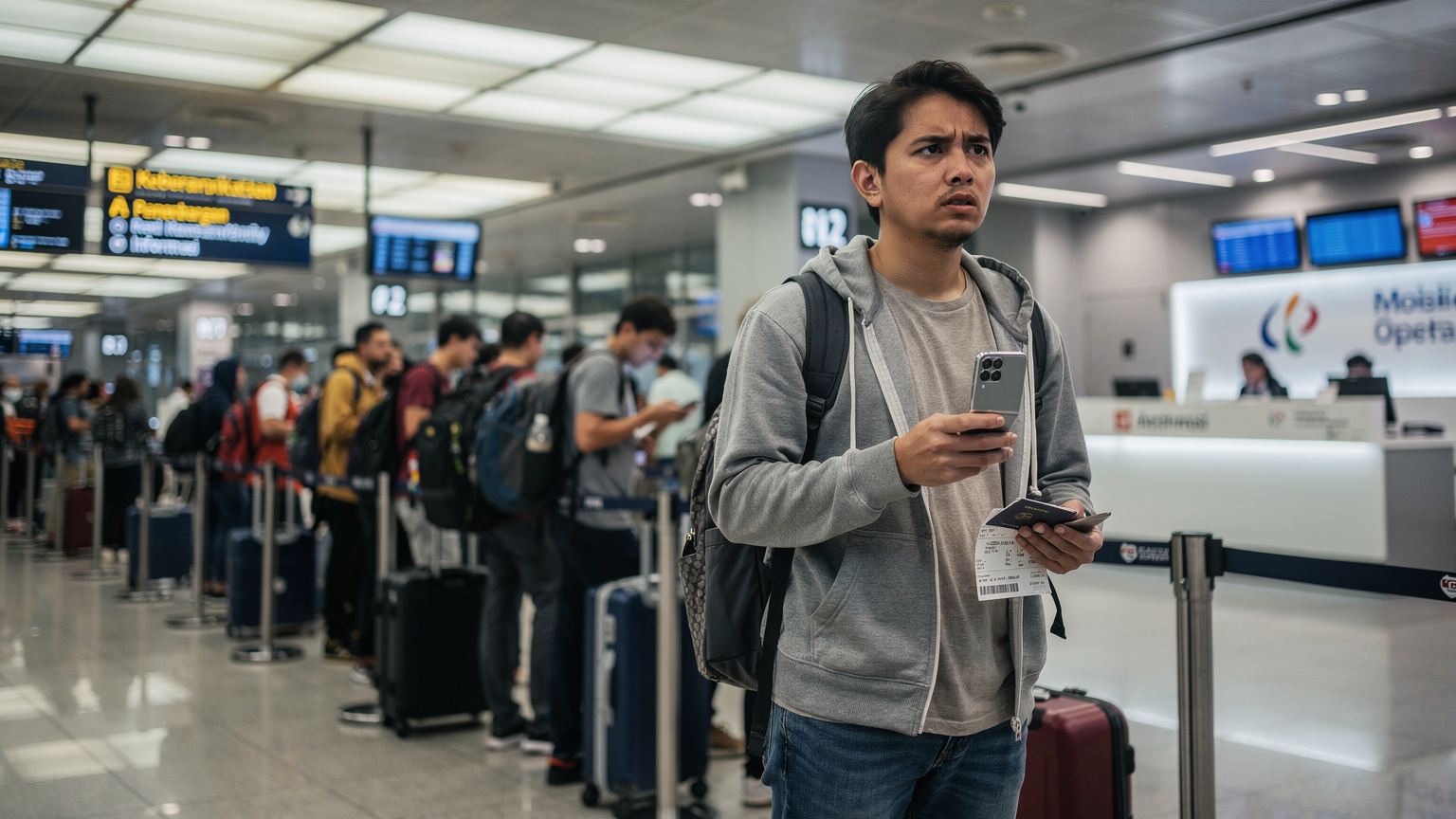 Un călător tânăr stă la coadă la un ghișeu aglomerat de operator de telefonie mobilă într-un aeroport internațional din Asia de Sud-Est, cu o expresie obosită și frustrată. Lumina este fluorescentă, rece, specifică aeroporturilor. În mână ține un Samsung Galaxy Z Flip 8.