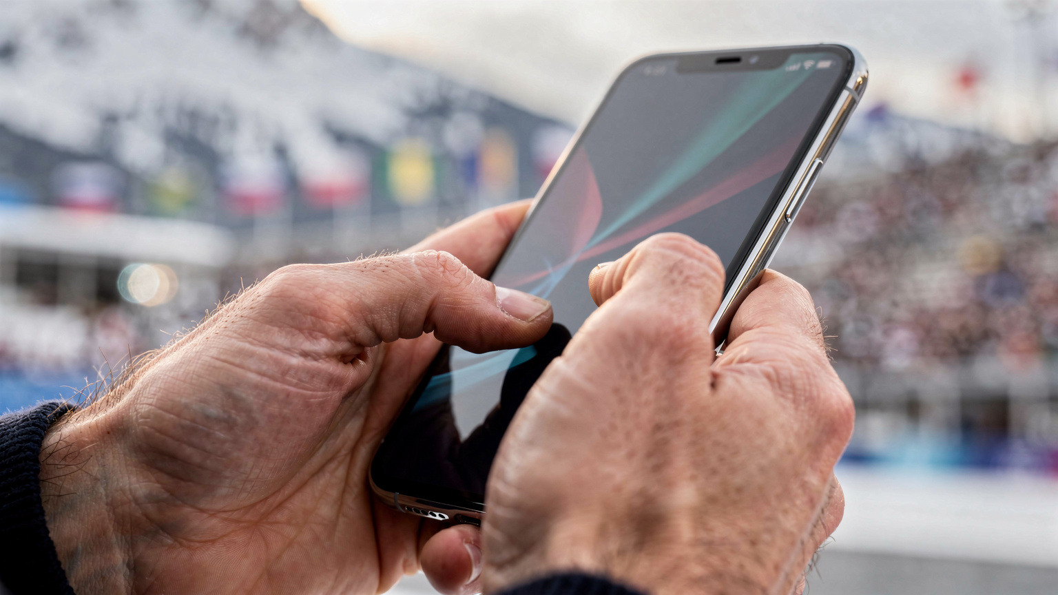 Een close-up van handen die een smartphone vasthouden, waarbij de vingers over het scherm vegen om eSIM-instellingen te configureren, met op de achtergrond een vaag Olympisch decor.