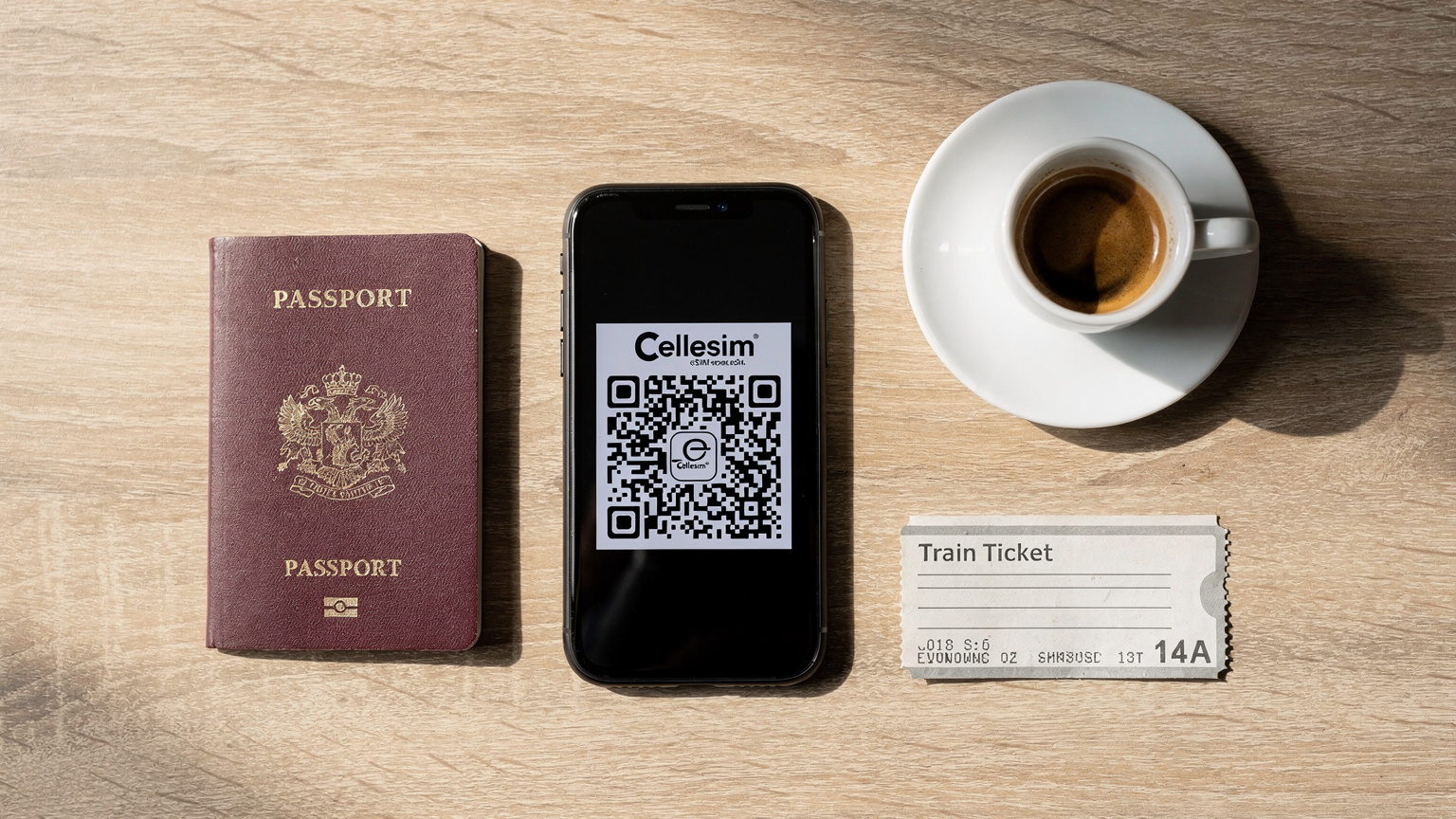 Een georganiseerde flat-lay van een paspoort, een smartphone met een eSIM-QR-code op het scherm, een kopje Italiaanse espresso en een treinkaartje, klaar voor de reis.