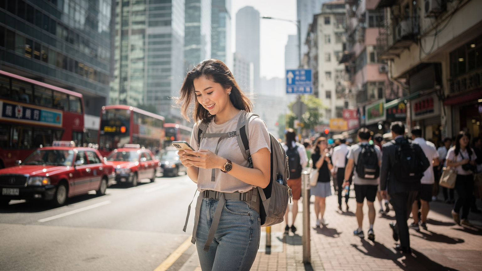 一位年輕女性在香港中環熱鬧的街道上,手持手機查看訊息,周圍是高樓大廈和穿梭的人群。
