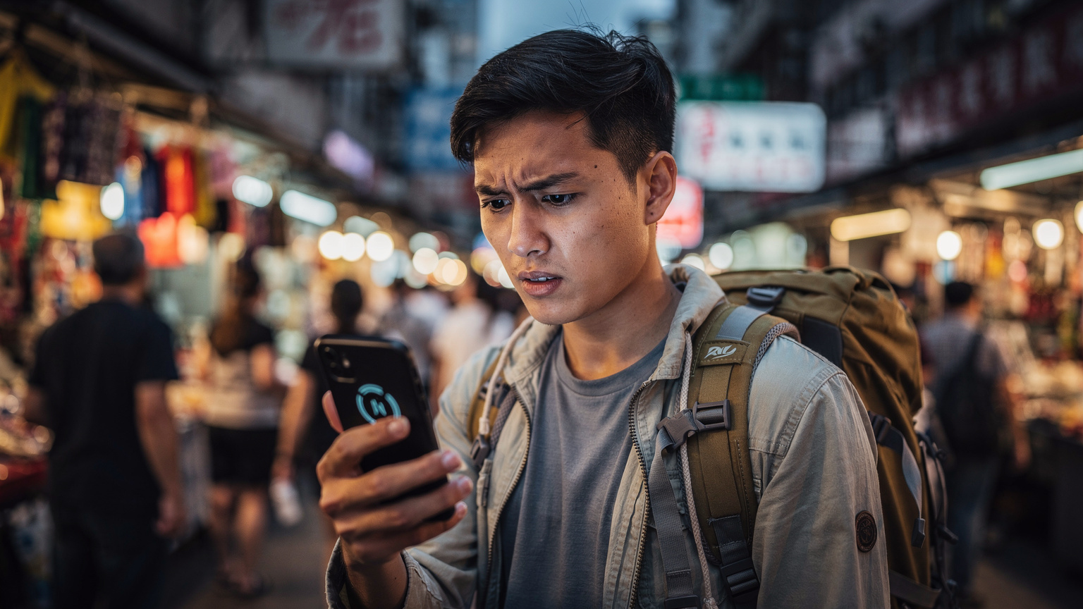 一個正在香港街頭的背包客,手機螢幕顯示流量即將用盡的警告,臉上略顯焦慮。
