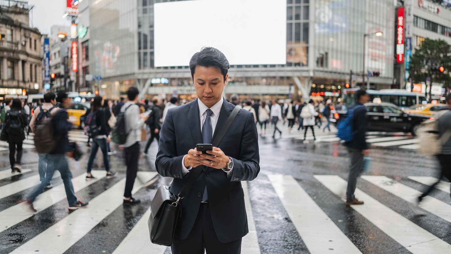東京の渋谷スクランブル交差点で、スマートフォンを操作する日本のビジネスパーソン。背景には賑やかな街並みが広がり、情報収集に集中している様子がうかがえる。