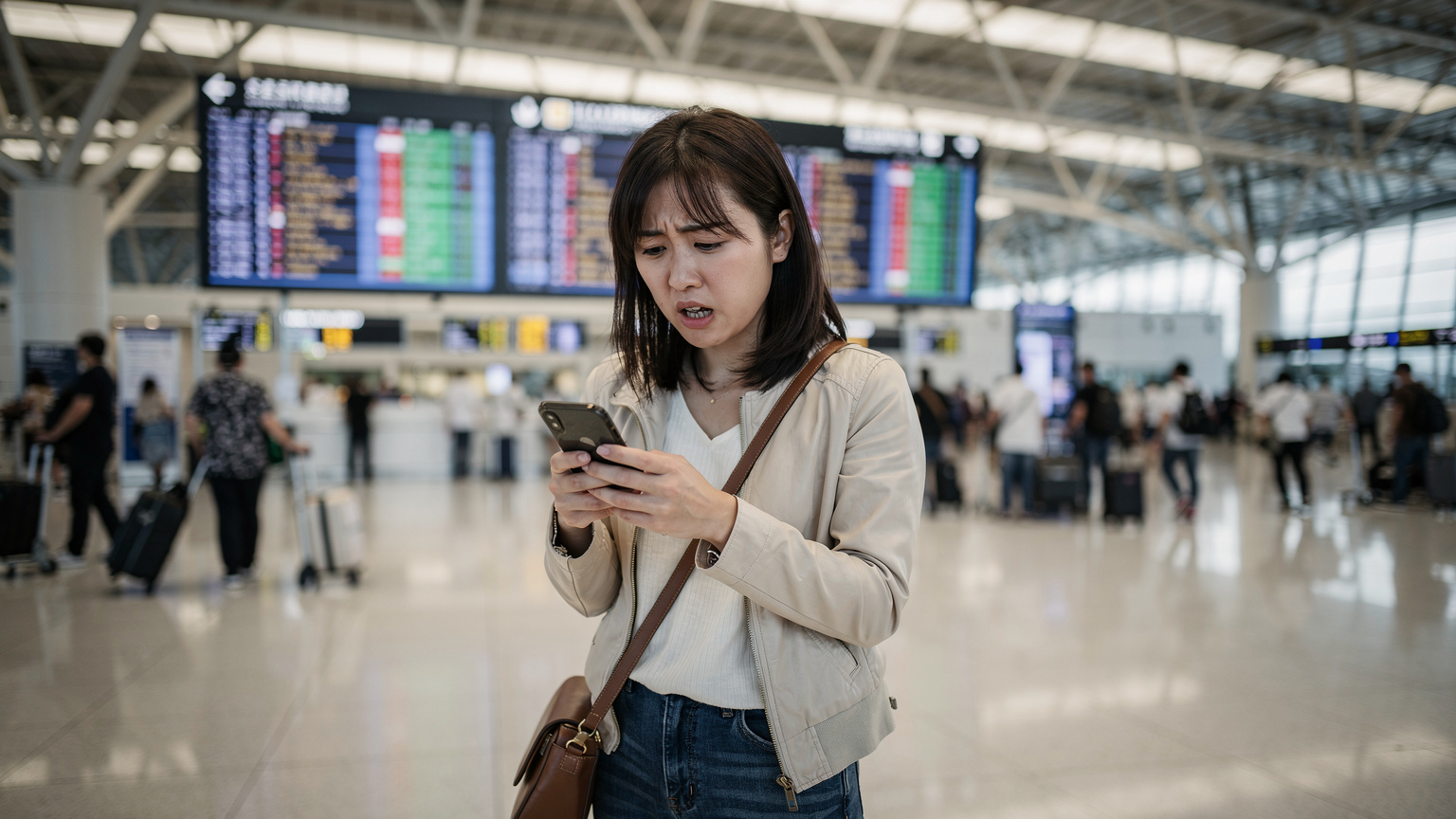 空港の到着ロビーで、不安そうな表情でスマートフォンを凝視している日本の女性旅行者。周囲は出発ロビーの賑わいと対照的で、少し寂しげな雰囲気。