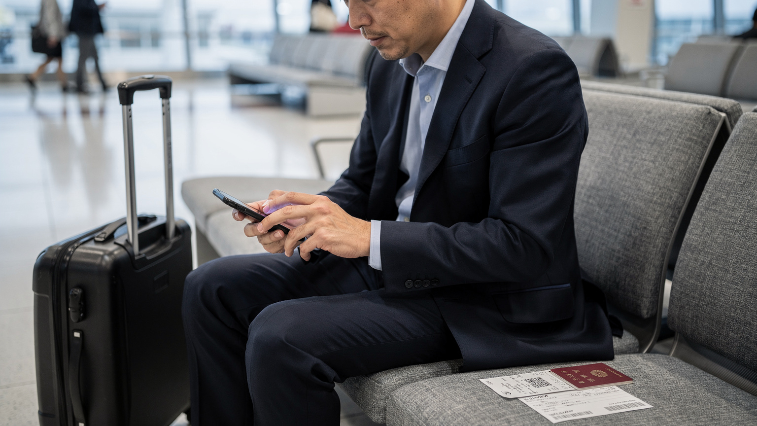 空港のベンチでスマートフォンを操作し、eSIMの設定を行っている日本のビジネスパーソン。旅慣れた様子で、手元にパスポートと搭乗券が置かれている。