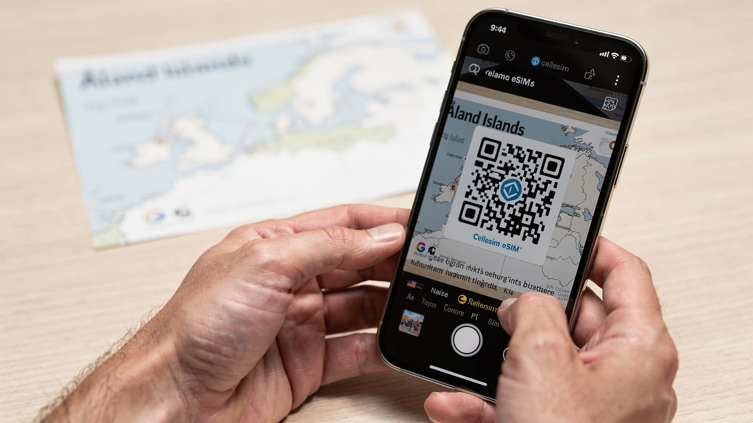 Un primo piano delle mani di una persona che tiene uno smartphone e scansiona un codice QR su un dépliant di Cellesim, con una mappa stilizzata delle Isole Åland sullo sfondo.