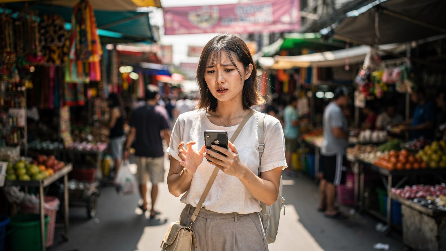 アジアの賑やかな市場で、スマートフォンを手に困った顔をしている旅行者。画面には「圏外」の表示が見える。