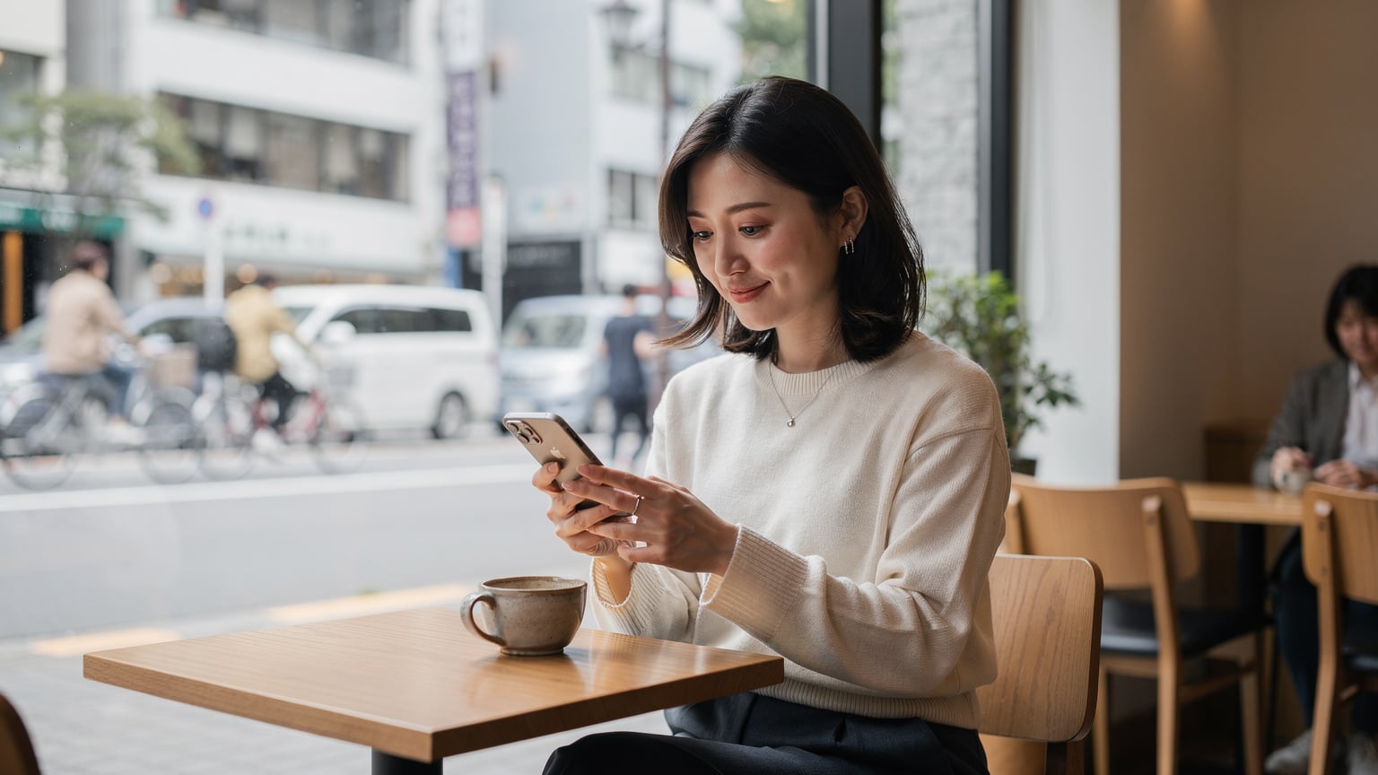 東京の交通量の多い通りを背景に、カフェでコーヒーを飲みながらiPhoneでマルチタスクをしている女性。片手でスマホを操作し、もう片方の手でコーヒーカップを持っている。