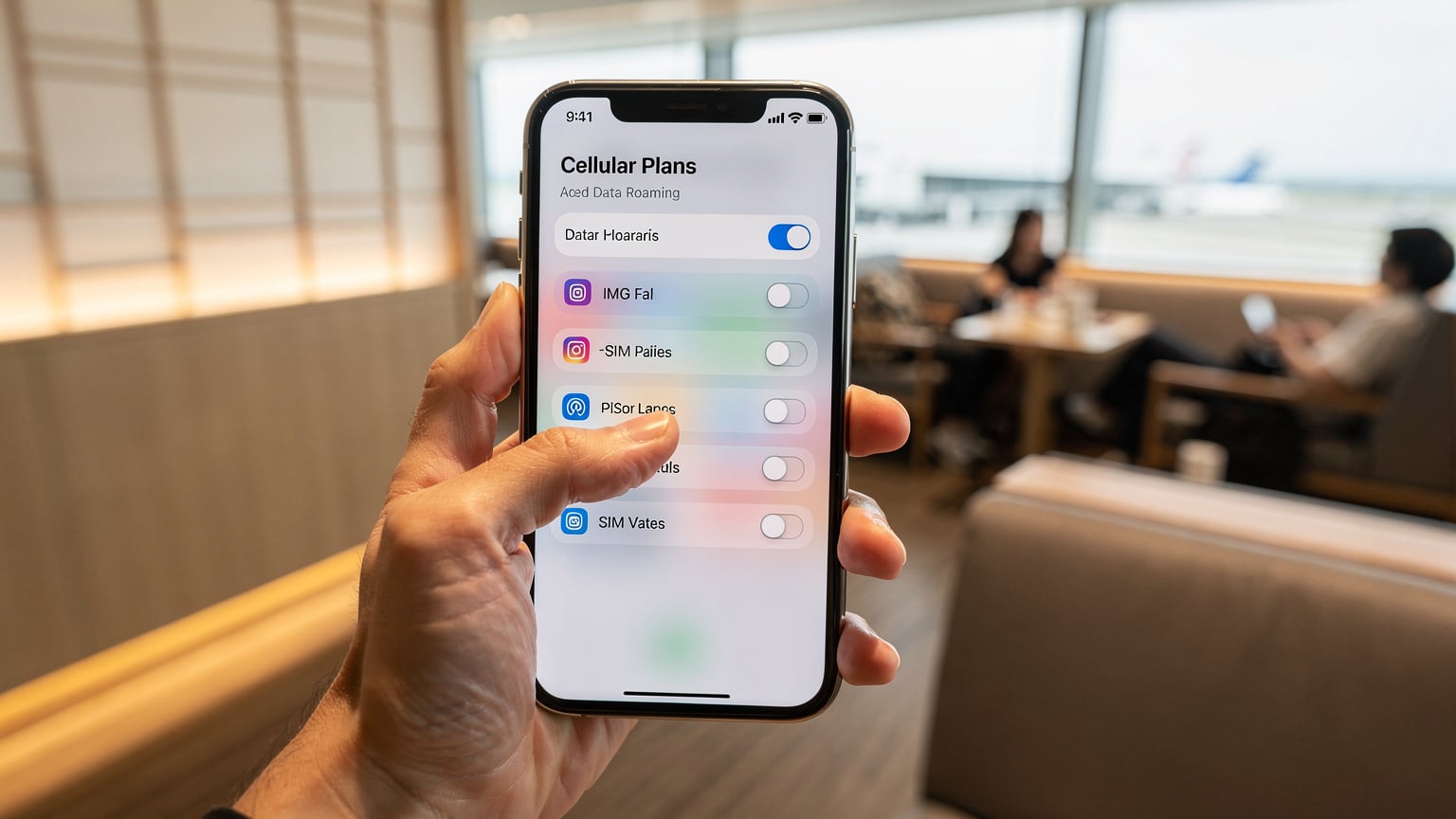 iPhoneの「設定」アプリ内で、モバイル通信プランのデータローミング設定をチェックしている様子。複数のeSIMプロファイルが見える。