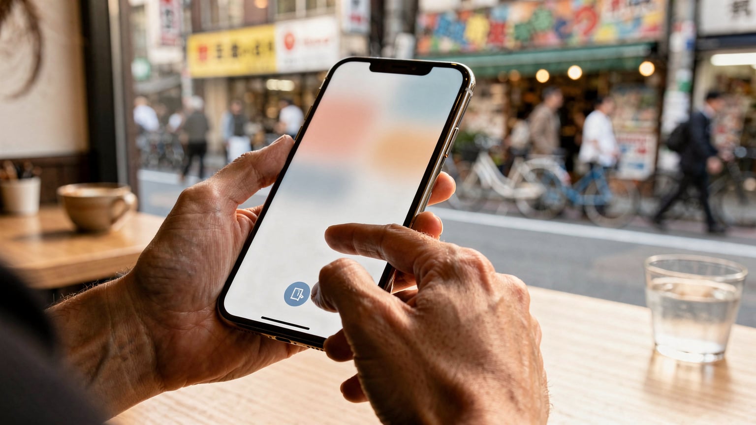 iPhoneの「設定」アプリ内で、eSIMのプランを追加している画面。QRコードを読み取る準備をしている手が写っている。
