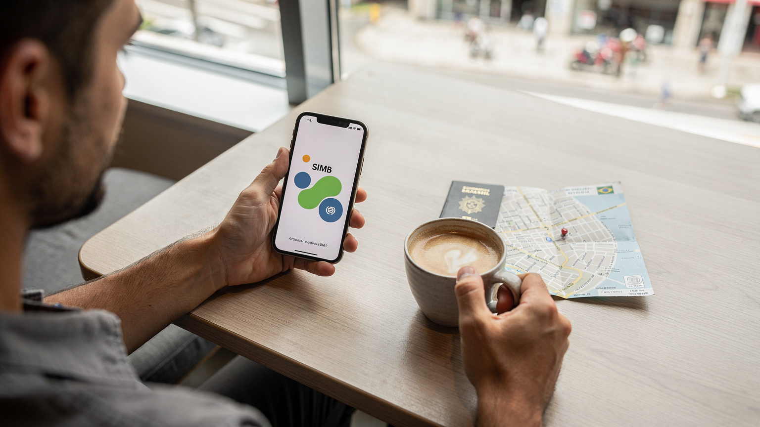 Un viajero, sentado en una cafetería moderna en el centro de Florianópolis, sostiene su iPhone con una mano mientras la otra sostiene una taza de café, mostrando una interfaz de activación de eSIM en la pantalla (sin texto legible).