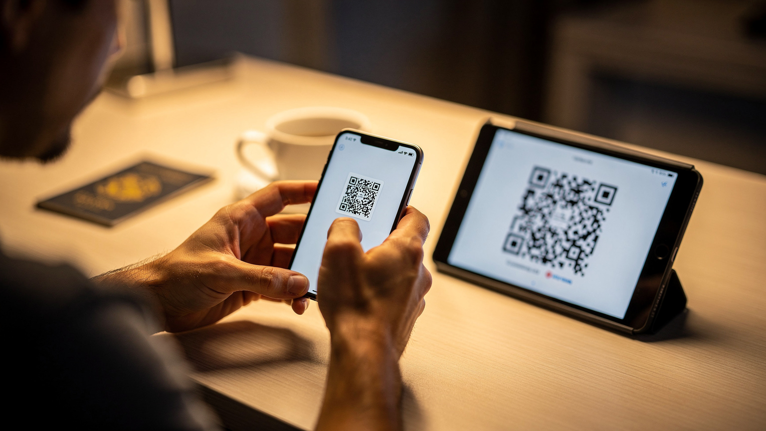 Un primer plano de manos de un viajero utilizando su smartphone para escanear un código QR desde otro dispositivo, con una taza de café y un pasaporte al fondo en un escritorio de hotel.
