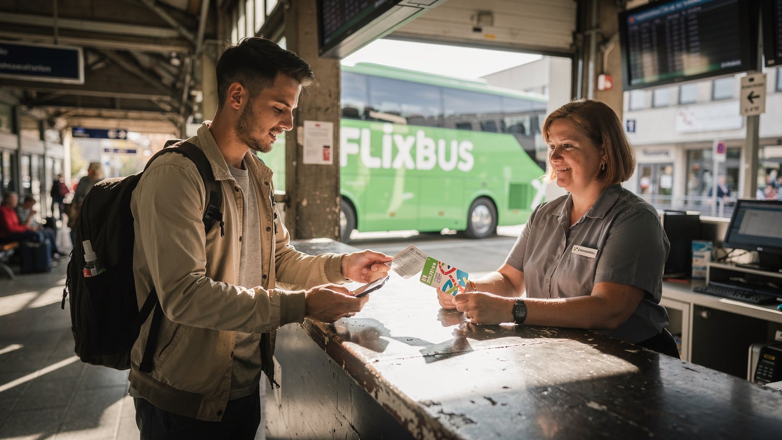 Ein Reisender zeigt seine Bordkarte am Schalter eines Busbahnhofs, während er auf sein Handy schaut, um die Route zu überprüfen, mit einem Bus der Flixbus-Kette im Hintergrund.