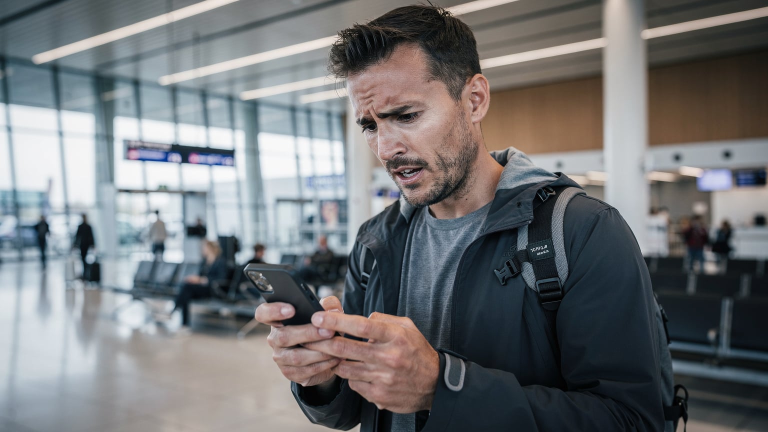 Ein Reisender am Flughafen Berlin Brandenburg (BER) zeigt ein besorgtes Gesicht, während er auf sein Smartphone starrt und versucht, eine Internetverbindung herzustellen.