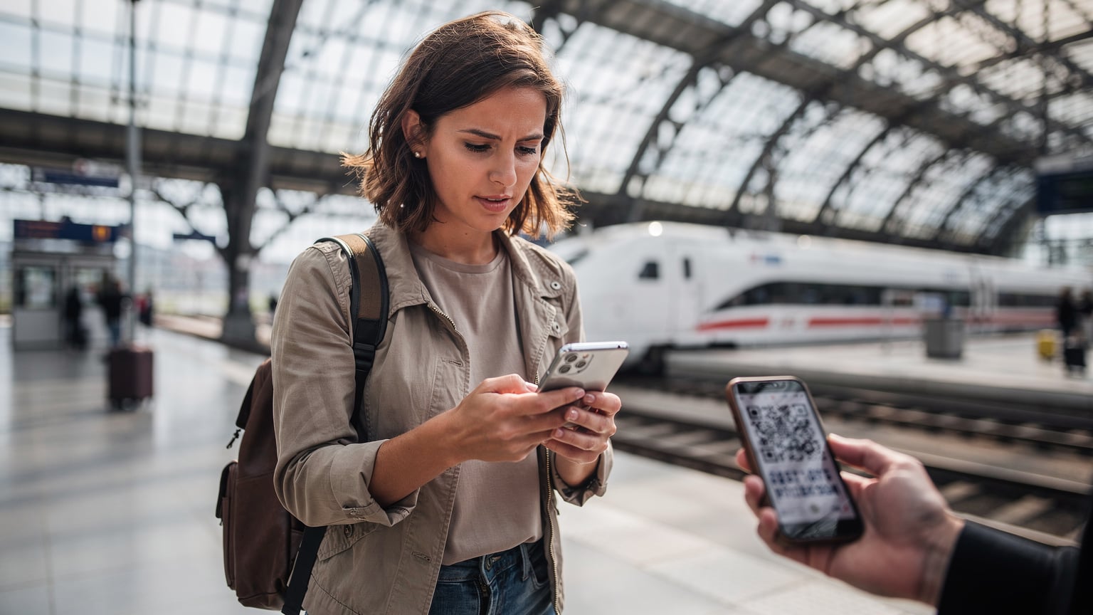 Ein Reisender am Münchner Hauptbahnhof scannt einen QR-Code für seine eSIM, während im Hintergrund ein ICE einfährt.