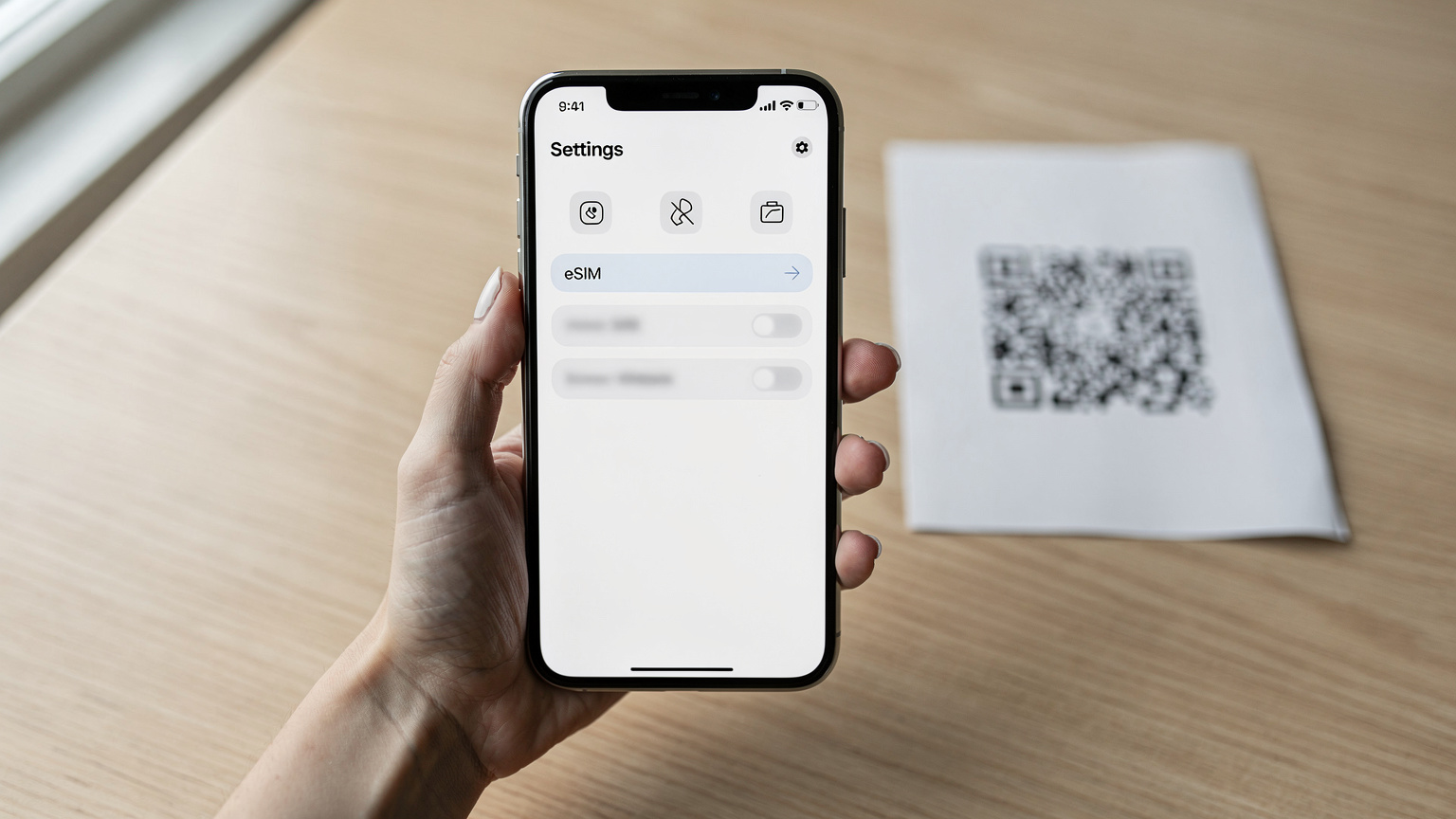 Une main féminine tenant un smartphone affiche l'écran de réglages pour ajouter une eSIM, avec un QR code flou en arrière-plan sur une table. La lumière naturelle douce éclaire la scène, évoquant une préparation de voyage méthodique.