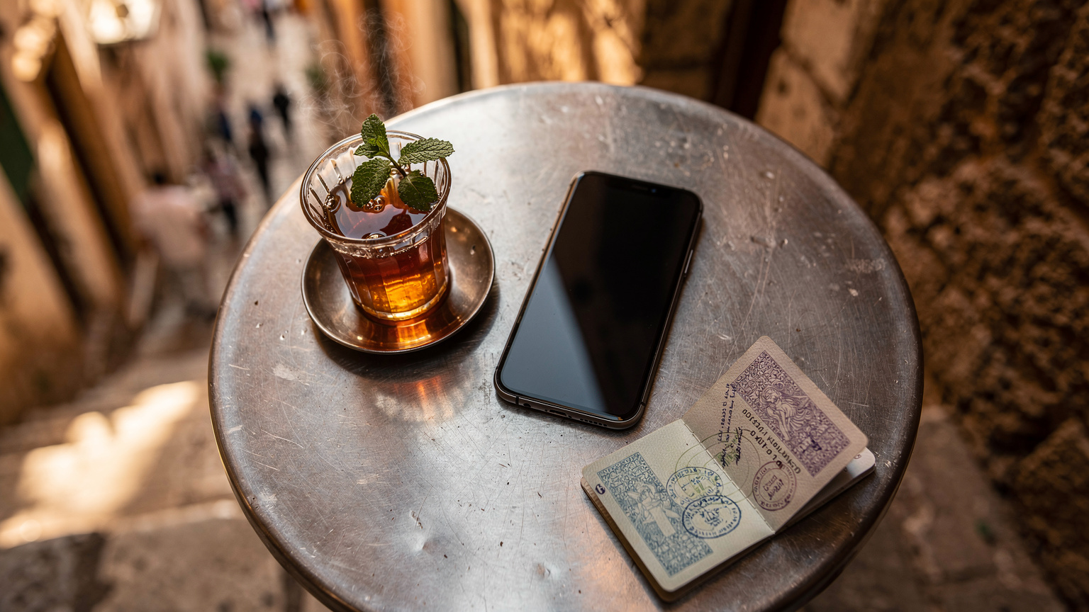 Un smartphone posé sur une table de café, à côté d'une tasse de thé à la menthe et d'un passeport ouvert. En arrière-plan flou, des scènes de rue animées de la Casbah d'Alger. La lumière est chaude, évoquant une après-midi paisible.