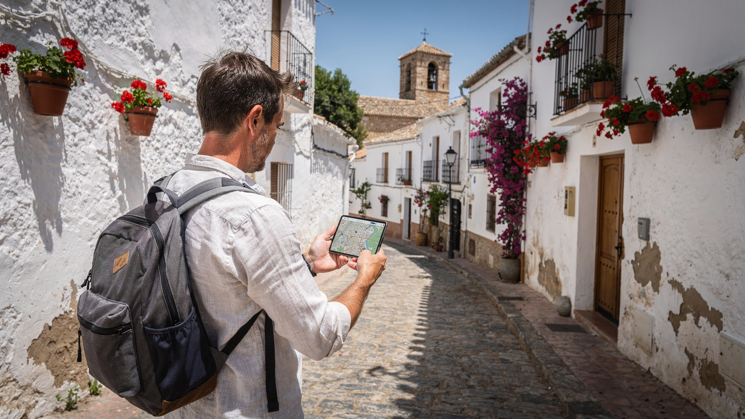 Un viajero consulta su mapa en el móvil en una calle empedrada de un pueblo andaluz. La conectividad es vital incluso en zonas rurales.