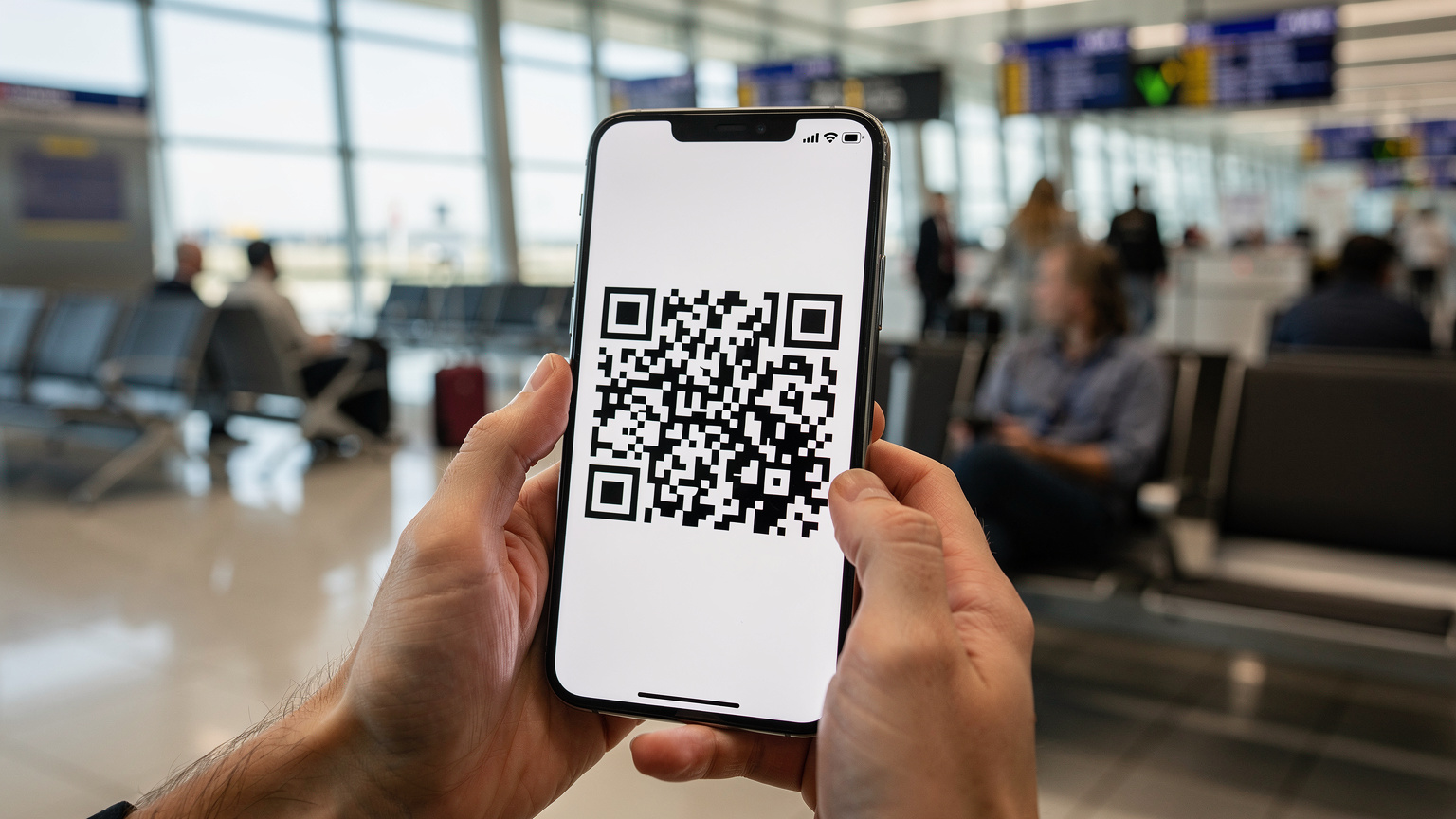 Una persona activa su eSIM en un aeropuerto. La comodidad es clave al llegar a un nuevo destino.